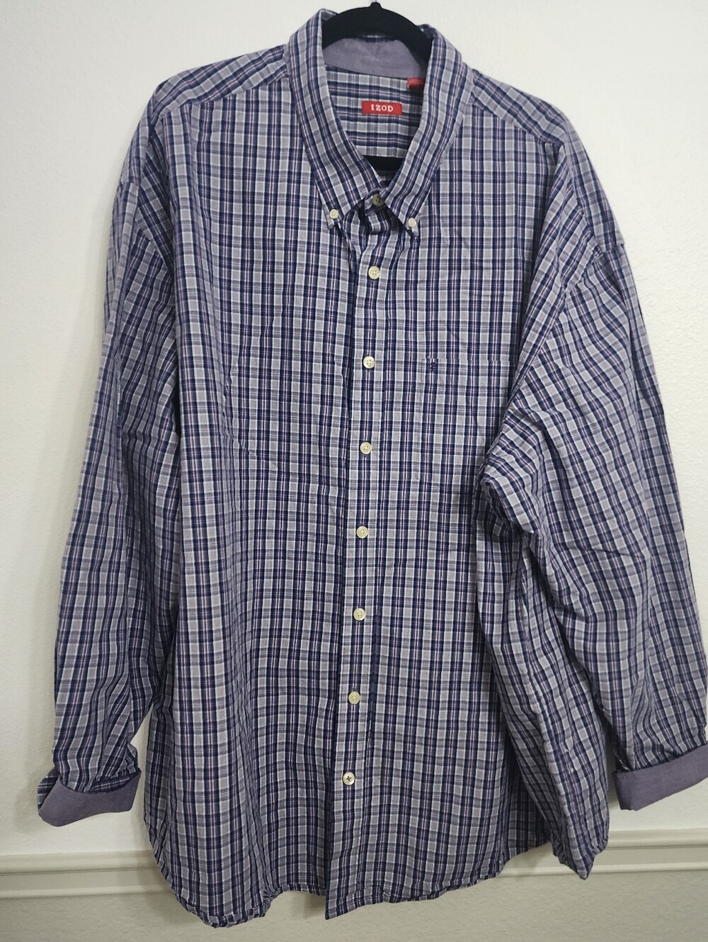 Izod Men's Navy Purple, and White Plaid Button-Down Shirt